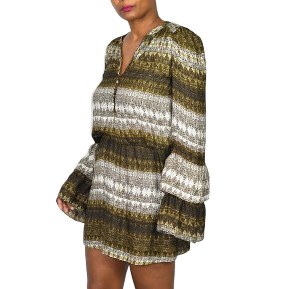 Parker Silk Print Mini Dress Brown Stripe Tassels Long Sleeve Tiered Size Small - Picture 11 of 15